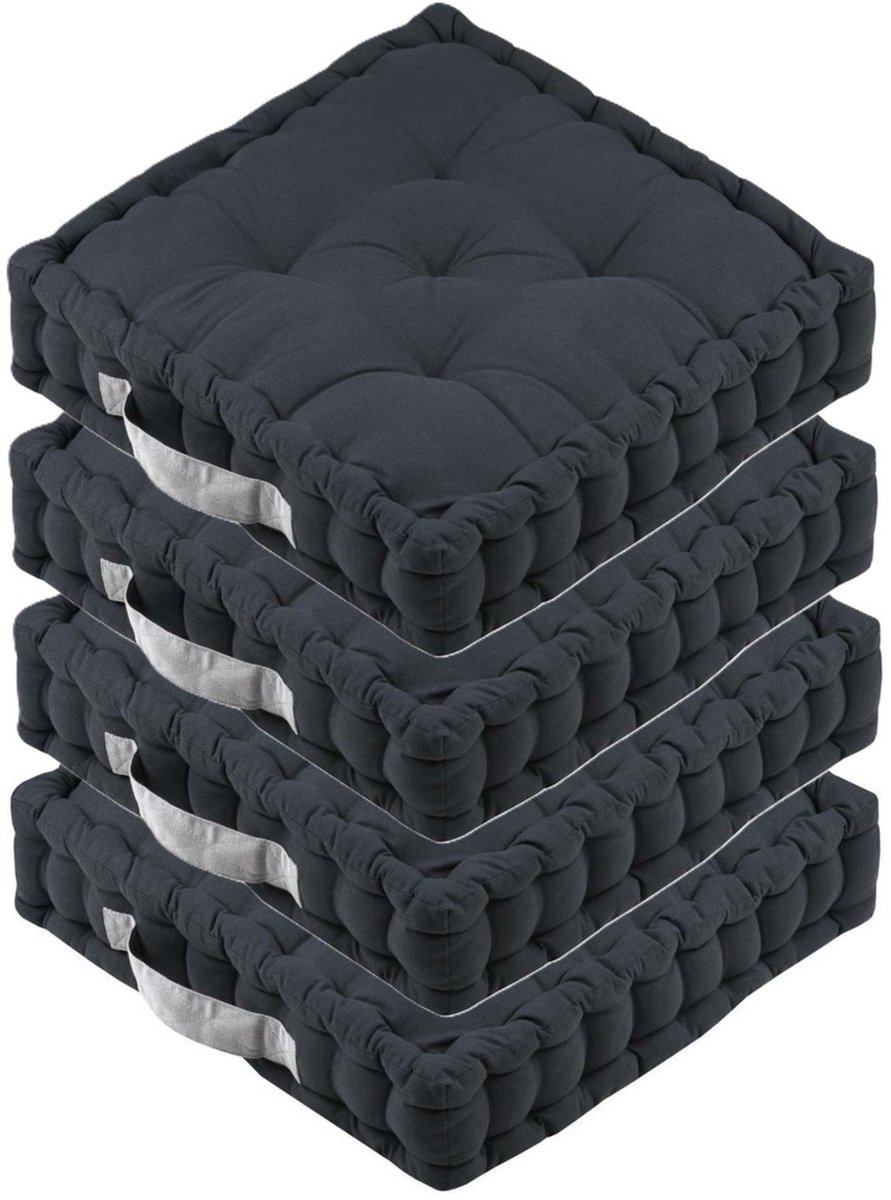 Stof Textile Vloerkussen DUO - 4x - antraciet - katoen - 45 x 45 x 10 cm - vierkant - Extra dik - extra zitplaatsen - spelen - gamen - relaxen