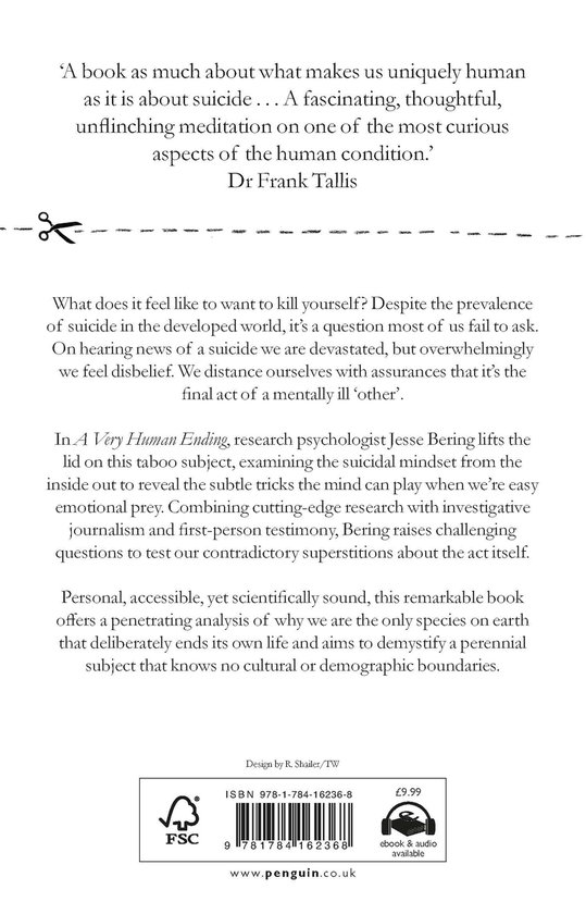 Achterflap van het boek 'A Very Human Ending' met een beschrijving van de inhoud, auteursinformatie, prijs en ISBN.
