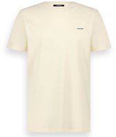 Crème t-shirt van biologisch katoen met korte mouwen en een kleine groene opdruk op de borst.