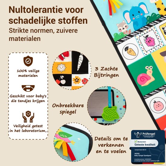 JoyLife Buikspiegel voor baby's, speelgoed voor baby's van 0-6 maanden, Montessori sensorisch speelgoed, opvouwbare spiegel, opvouwbaar babyspeelgoed met bijtring en boek van kreukelstof