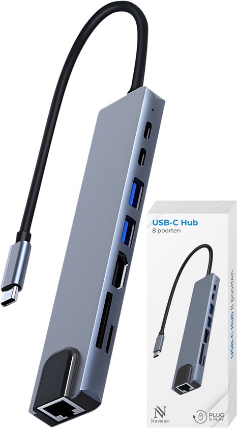 Nuvance USB C Hub 3.0 – 8 Poorten - Usb Splitter - Ethernet - Usb C - Hdmi - Docking Station Laptop - Micro SD Card Reader - 4K