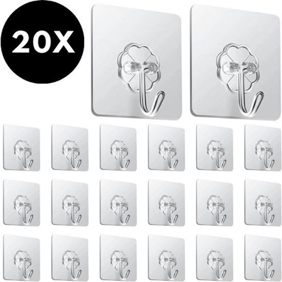 Een set van 20 transparante, vierkante zelfklevende haken met een bloemvormig ophangoogje.