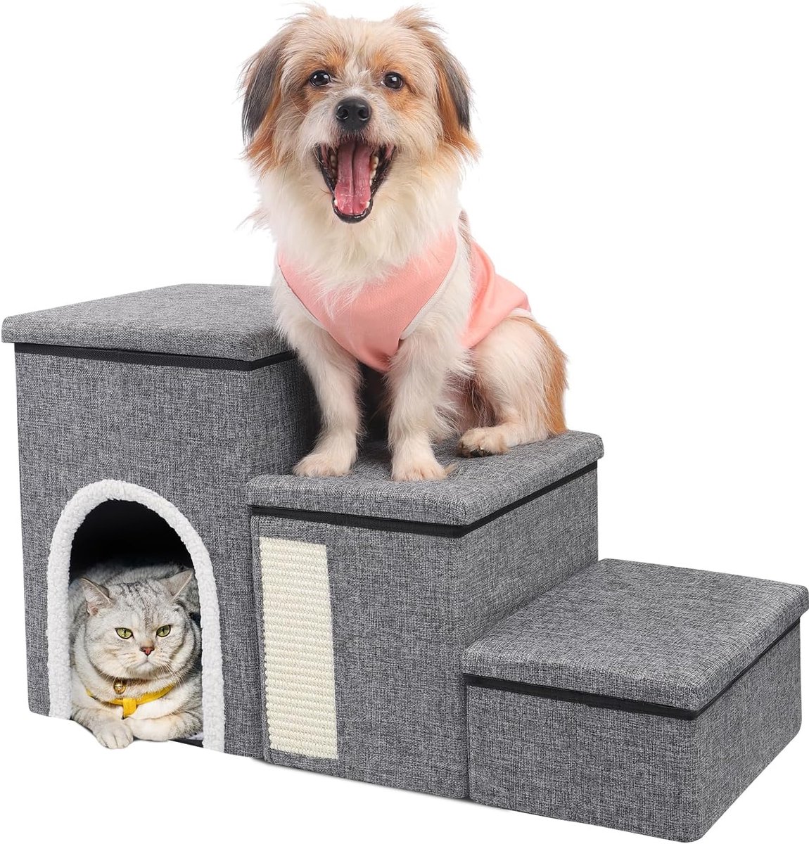 Candala Opvouwbare trap voor honden, 3 treden hondentrap voor kleine honden en katten, hondentrap met gezellig hondenhok, opbergruimte, kattenkrabplank, huisdiertrap voor bank en bed, 75 x 38 x 43 cm, Grijs