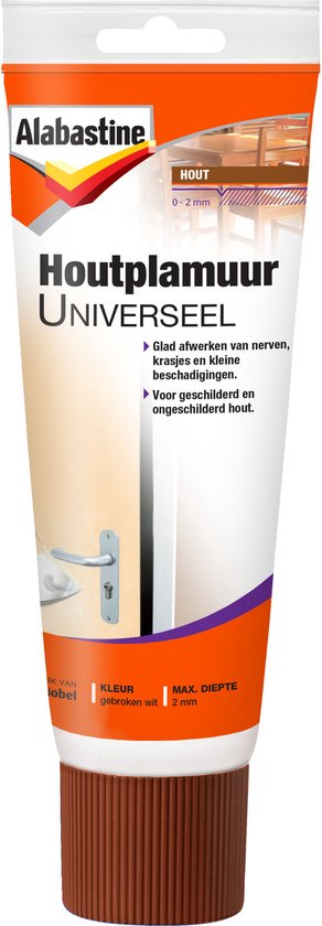 Alabastine Houtplamuur Universeel tube met bruine dop, "Hout 0-2 mm" en "Voor geschilderd en ongeschilderd hout".