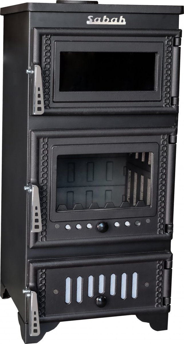 S103 Sabah Openhaard Met Oven – Houtkachel – Mat Zwart – 10,56KW- Haard- Gietijzeren Open Haard -Inclusief Bakplaat, Ovengrill, Haak en Schraper