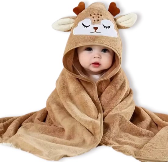 BoefieBoef Rendier Baby Badcape & Peuter Handdoek – Superzachte Warme Fleece Wikkeldeken Kinderen 0-3 Jaar – Absorberend & Sneldrogend – Dieren Capuchon – Baby Badhanddoek & Omslagdoek – Voor Jongens & Meisjes - Bruin