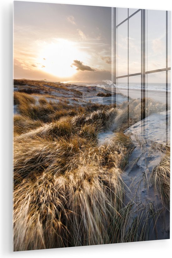 Décoration murale en verre d'un coucher de soleil sur les dunes et la mer.