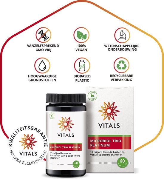 Vitals Microbiol Trio Platinum - 60 capsules - Biotica. 15 miljard levende bacteriën van 3 superieure stammen per capsule.