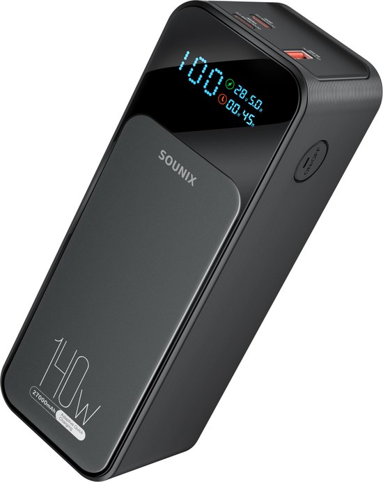 Sounix powerbank 30000 mAh – 140W – USB C/A – zwart