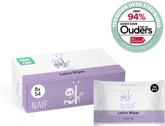 Naïf - Ensemble économique de Lingettes sans plastique - 432 lingettes - 8 paquets (8 pièces x 54 lingettes) - Bébé - avec des ingrédients naturels