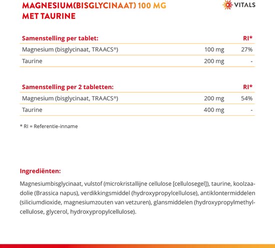 Uitsnede van Vitals productinformatie met samenstelling en ingrediënten: Magnesiumbisglycinaat, TRAACS®, Taurine.