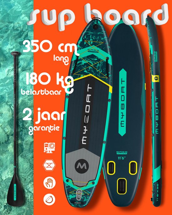Ultra Licht & Stabiel Opblaasbaar Bass Hunter Peddel Boord (…voor 2 personen) van MyBoat | 350 cm XL Stand Up Sup Paddle Board voor samen Familie | Extra Breed | 3 Afneembare Vinnen, Camera Mount, pomp, Sterke Verstelbare Peddel, 168 Kg belastbaar