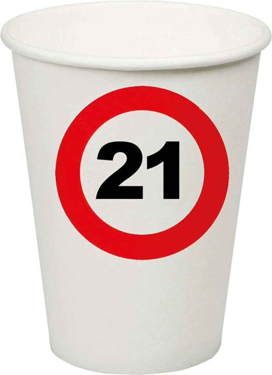Verjaardagsfeest leeftijd bekertjes 21 jaar - 24x stuks - papier - thema leeftijd stopbord