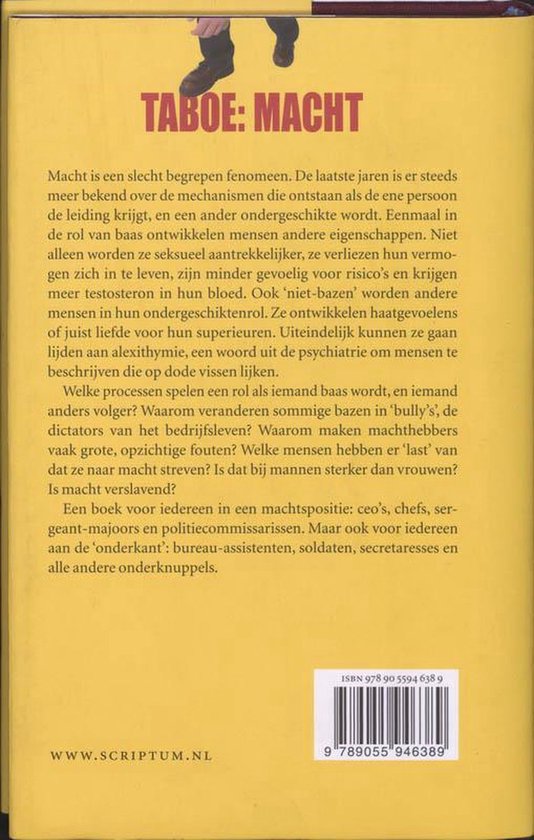 Boek "Taboe: Macht" met tekst over machtsverhoudingen en psychologie. Inclusief ISBN en website.
