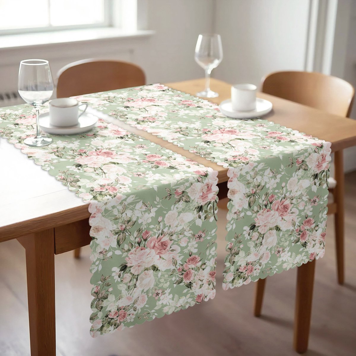 Velvet textiel Tafelloper set van 2 - 45x140 - Bloemen op Pastel groen