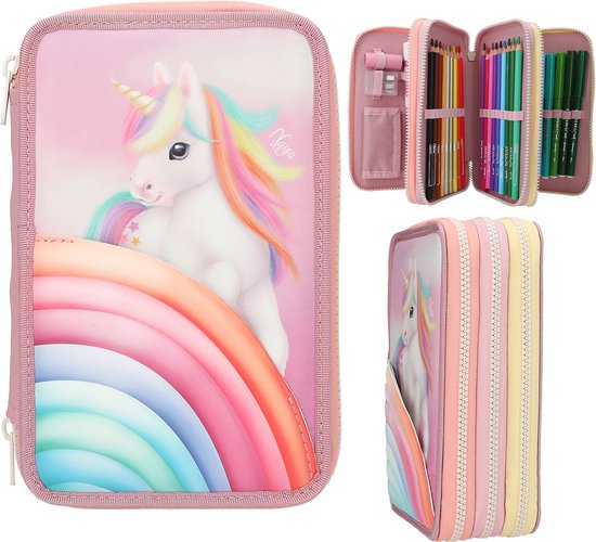 Depesche 13031 Ylvi Color Cloud broodtrommel in roze, met eenhoornmotief en regenboog, lunchbox met 3 vakken en transparant deksel, meerkleurig