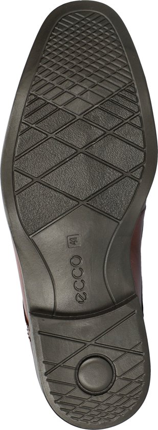 Zool van een bruine leren veterschoen met Ecco-logo en ruitpatroon.