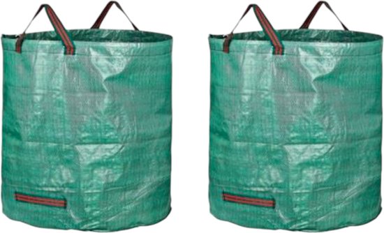 Twee groene, cilindervormige tuinafvalzakken met rode accentstrepen en donkerrode handvatten.