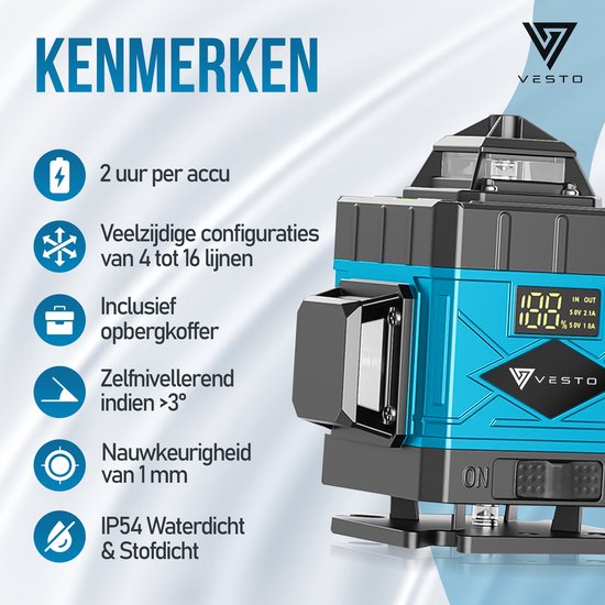 Vesto kruislijnlaser met blauwe en zwarte behuizing, met functies voor 2 uur per accu en 16 lijnen.