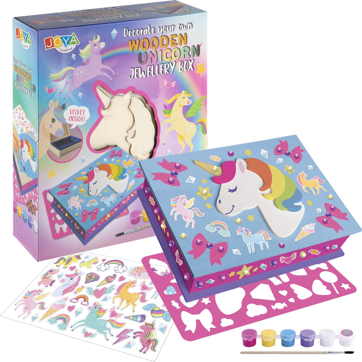 Unicorn Knutselen voor Kinderen - Schilder- en Modepakket met Sieradendoosje, Inclusief Tekenpakketten, Stickers en Pixelpakketten - Joya Creative