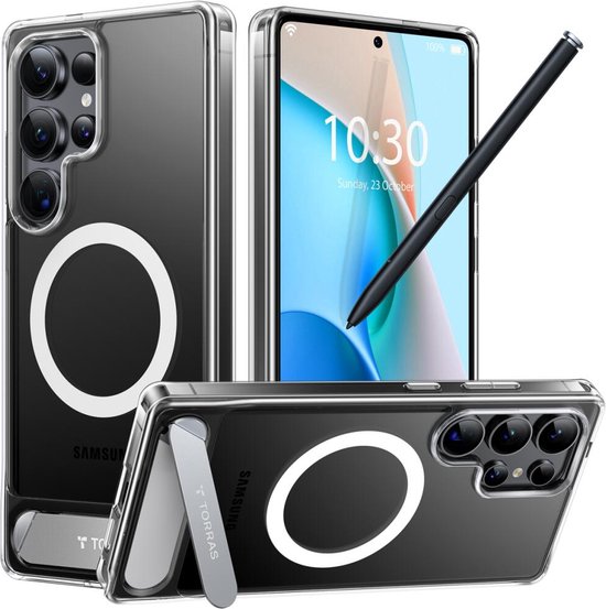 TORRAS Coque pour Samsung Galaxy S25 Ultra - UPro Pstand Spin - Compatible avec MagSafe / Qi2 - Support Magnétique Rotatif à 360° - Couverture Arrière Transparente