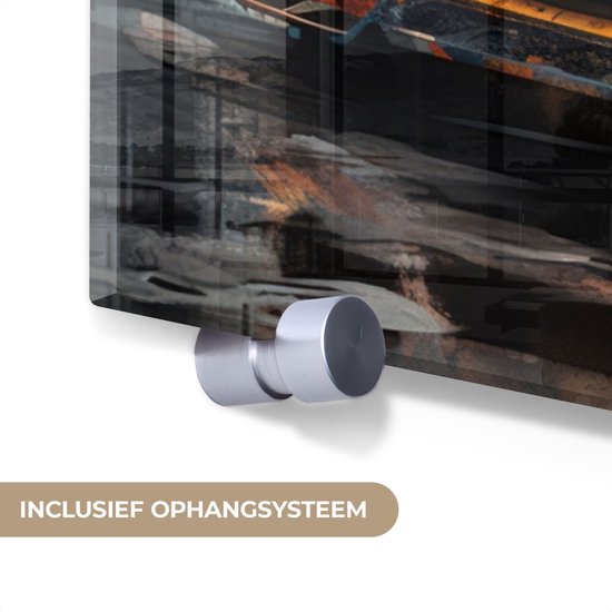 MuchoWow® Glasschilderij 120x80 cm - Schilderij acrylglas - Auto - Geel - Verf - Abstract - Foto op glas - Muurdecoratie woonkamer - Wanddecoratie slaapkamer - Schilderijen