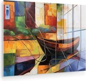 MuchoWow® Glasschilderij 80x60 cm - Schilderij acrylglas - Abstract - Kunst - Boot - Kleuren - Foto op glas - Muurdecoratie woonkamer - Wanddecoratie slaapkamer - Schilderijen