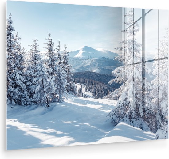 MuchoWow® Peinture sur verre 160x120 cm - Peinture sur verre acrylique - Paysage d'hiver - Nature - Berg - Arbres - Neige - Photo sur verre - Décoration murale salon - Décoration murale chambre - Peintures