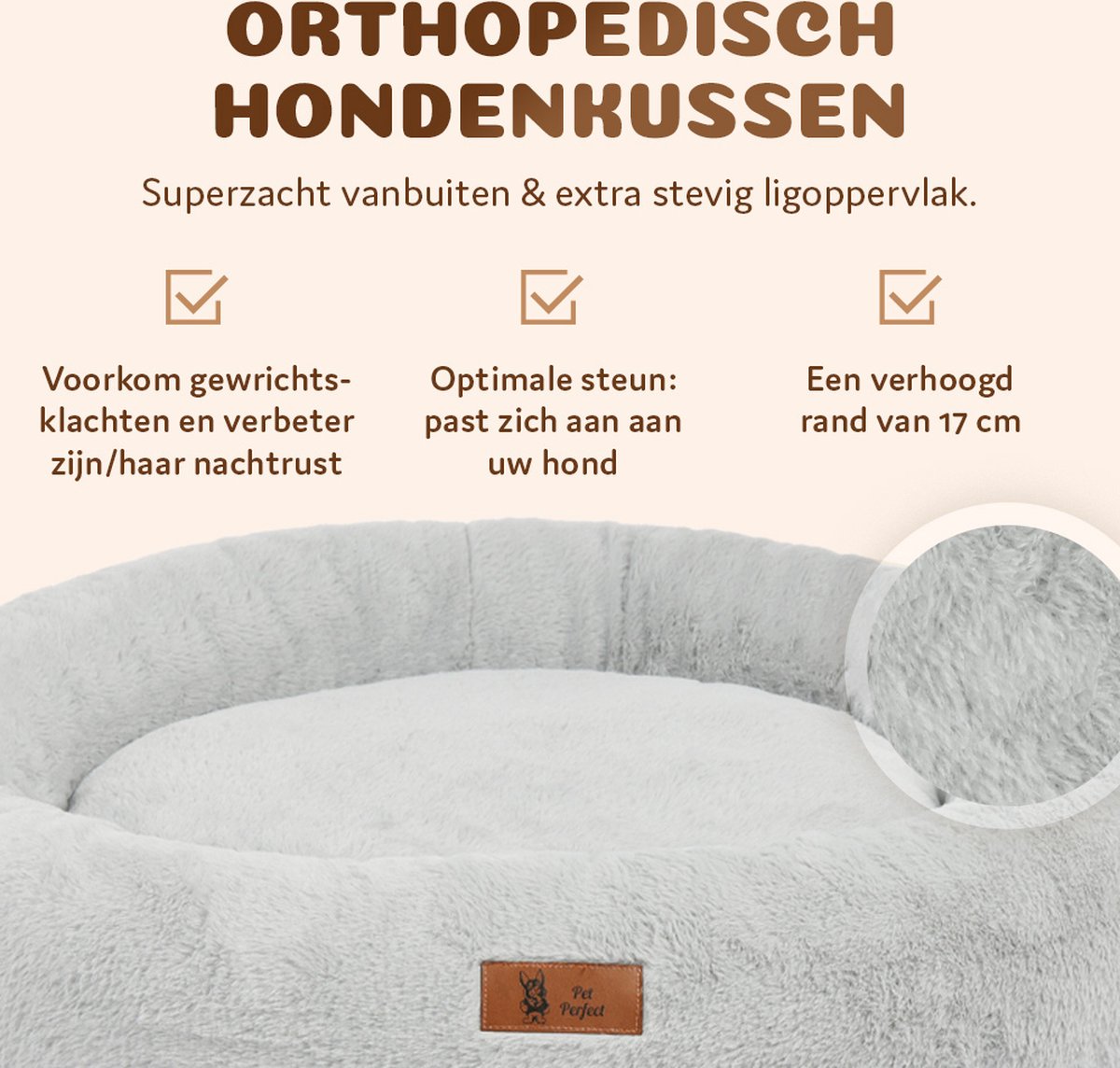 Pet Perfect Orthopedische Hondenmand – Donut Hondenmand – Hondenkussen – Hondenbed – Wasbaar - 80 cm - Grijs thumbnail 5