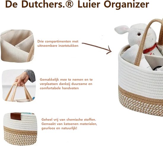 Dutchers.® Luier Organizer - Baby Organizer - Netjes & Overzichtelijk - Praktisch & Compact - Baby Opbergmand - Ideaal voor in de Babykamer & Woonkamer - Alles Bij de Hand - Kraamcadeau - Cadeau voor Babyshower - Commode Mandje - 38 x 25 x 17cm — afbeelding 2