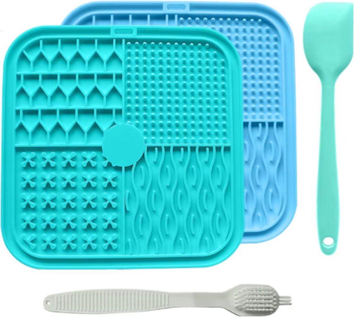 Rieba® Likmat Honden 2 stuks – 20x20cm - Hondenlikmat - Slowfeeder Hond – Anti Schrok Voermat – Met Spatel en Schoonmaakborstel – Silicone Zuignap Groot – Turquoise - Blauw