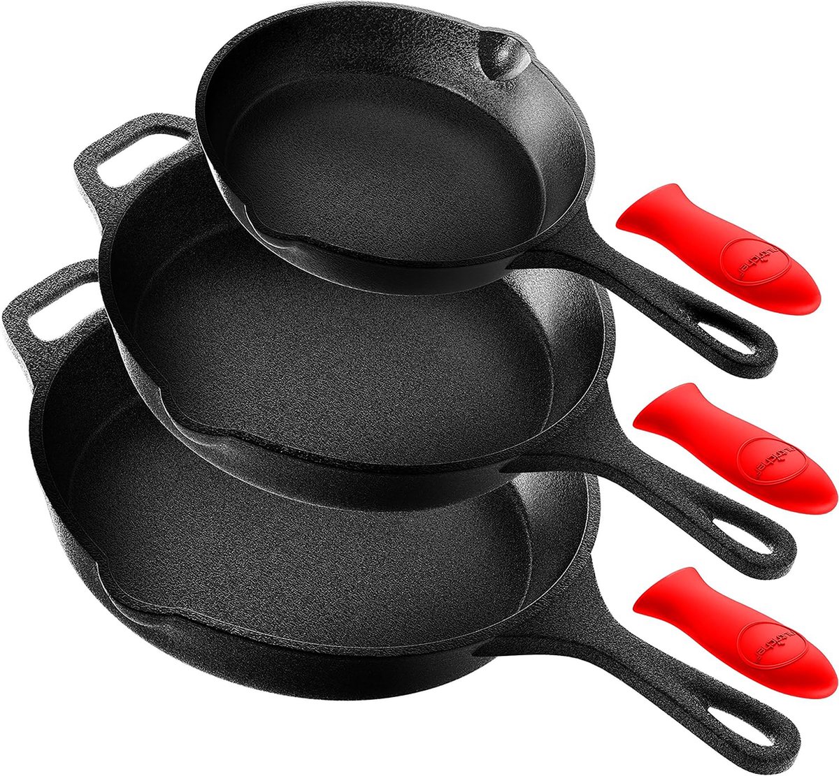 NutriChef Pannenset, 3-delige Koekenpan Set ,Gietijzeren Antiaanbak Pannen met Druipschenken- Siliconen Handgrepen- Gietijzeren Skillet- Geschikt Voor Alle Kookplaten