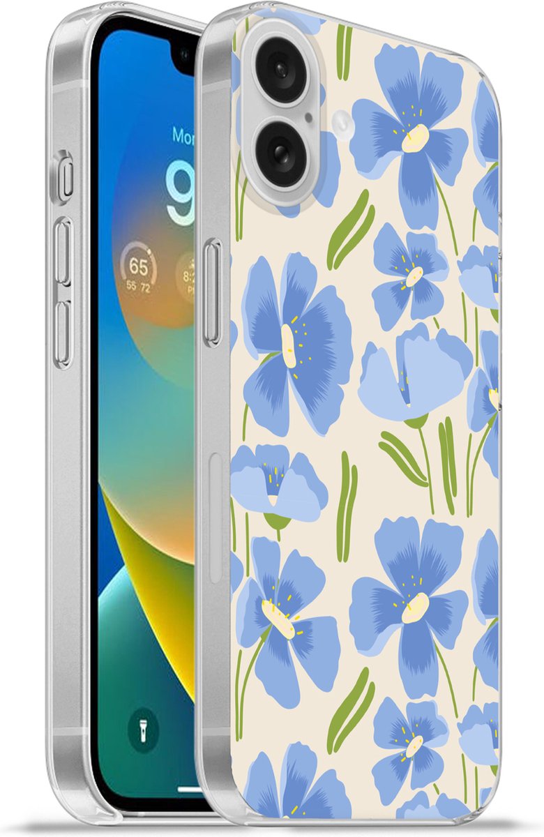 Telefoonhoesje Geschikt voor Apple Iphone 16 Plus hoesje - Bloem - Blauw - Patronen - Siliconen Telefoonhoesje Telefoonhoesje