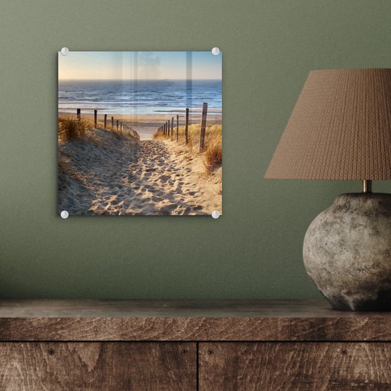 MuchoWow® Tableau sur Verre - Plage - Mer - Nederland - Dunes - Soleil - 20x20 cm - Décoration de Plage - Peintures sur Verre Acrylique - Photo sur Glas