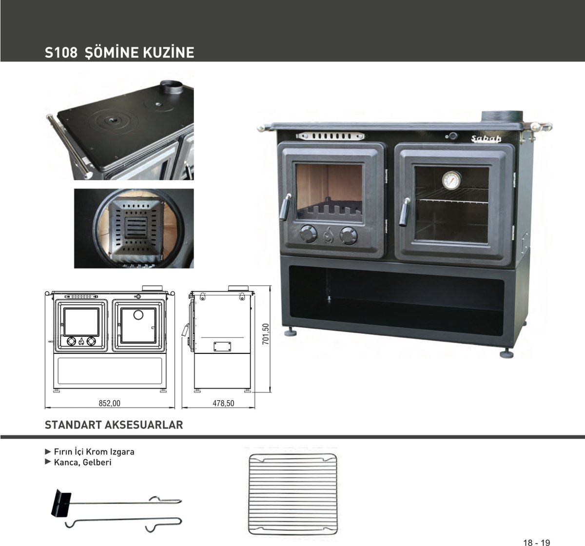S108 Sabah Luxe Open Haard Kachel + Oven Met Thermometer – Gietijzer – Houtkachels- Houthaarden -Mat Zwart – 10 KW- Buiten Stalen Open Haard – Inclusief Ovengrill, Haak en Schraper