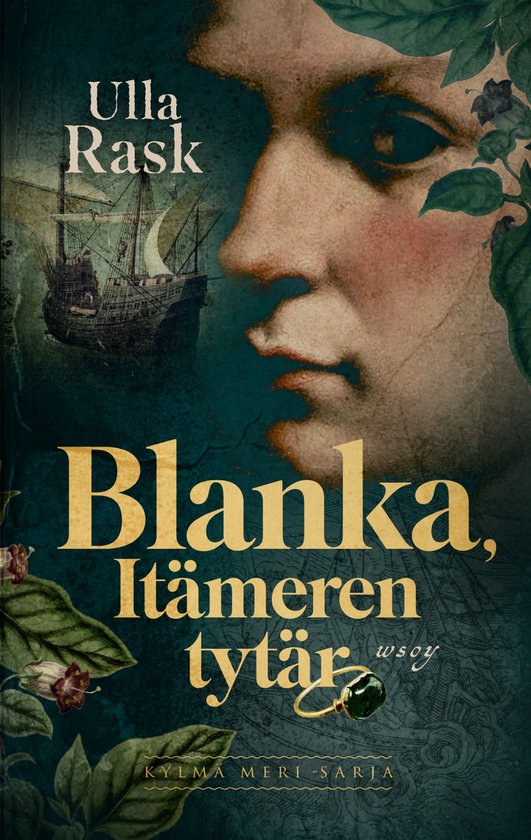 Boekomslag met Ulla Rask's 'Blanka, Itämeren tytär', een zeilschip en een close-up van een vrouwengezicht.