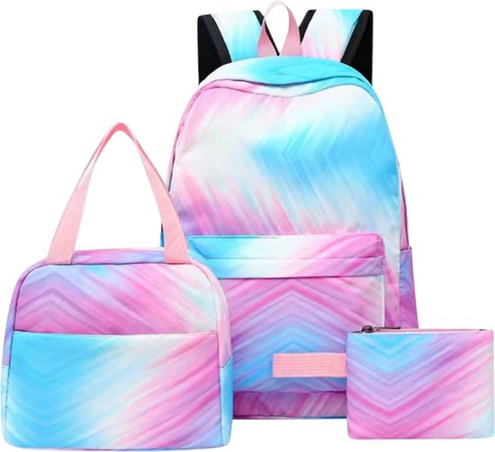 Twenty Two 3-delig schooltassen set | schoolrugzak, etui, lunchtas voor meisjes/tieners | paars|roze|blauw| regenboog | waterdicht | grote capaciteit | comfortabel en lichtgewicht | stevig tas | 3 stuks | schooltassen set 29x12x43cm