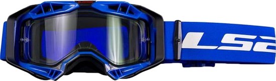 Lunettes de motocross bleues LS2 avec une lentille bleue miroir et une sangle bleue avec logo blanc LS2.