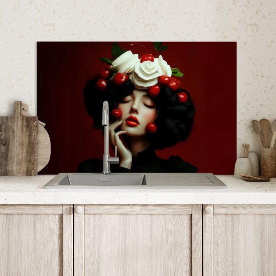 Crédence de Cuisinière en Aluminium 70x50 cm - Femme - Cerises - Crème fouettée - Écran Pare-éclaboussures pour Plaque de Cuisson - Protection Murale