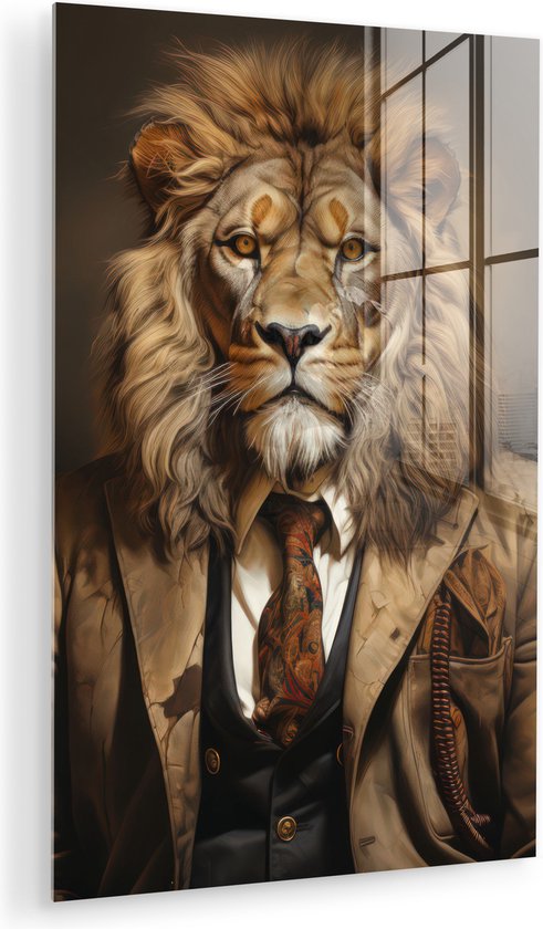 MuchoWow® Glasschilderij 60x90 cm - Schilderij acrylglas - Vintage - Leeuw - Pak - Dieren - Donker - Foto op glas - Muurdecoratie woonkamer - Wanddecoratie slaapkamer - Schilderijen