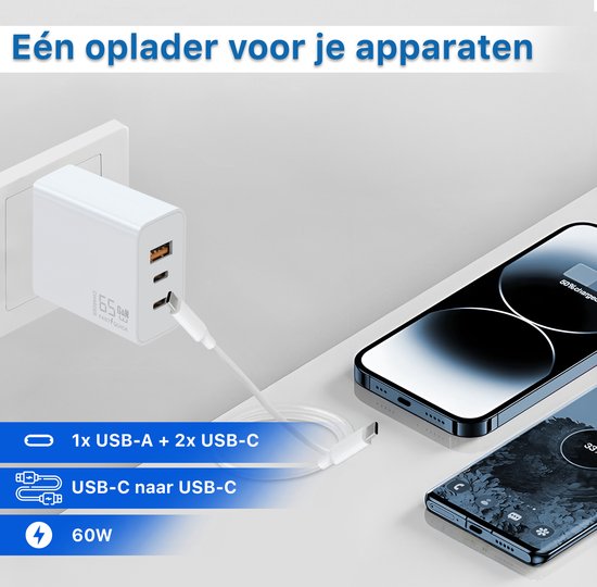 Chargeur USB C 65 W avec 3 Portes (2x USB-C, 1x USB-A) – Comprenant 2x Câbles USB C de 3 mètres – Adaptateur Super Rapide