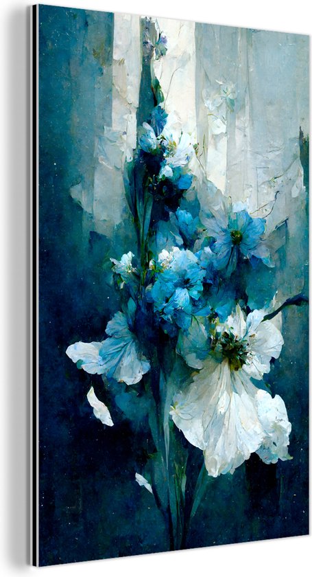 Aluminium schilderij 120x180 cm - Wanddecoratie metaal - Bloemen - Boeket - Verf - Blauw - Metalen muurdecoratie woonkamer - Decoratie industrieel - Foto op dibond - Industriële accessoires slaapkamer