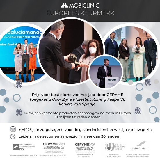 Afbeelding toont de European Quality Mark en prijzen gewonnen door Mobiclinic.