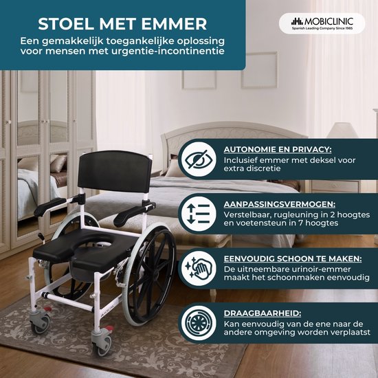 Douche-toiletstoel met emmer, zwart op wit. Autonomie en privacy door emmer met deksel.