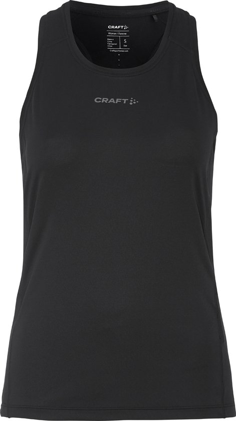Zwart dames sporttop met ronde hals en merklogo op de borst.