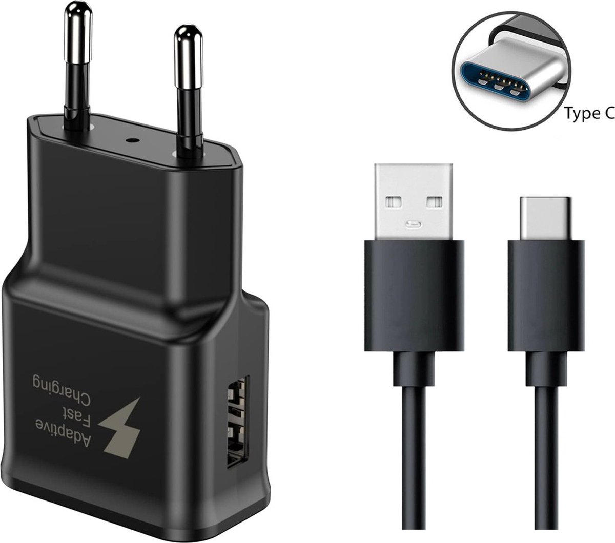 BSTNL USB Stekker 15W - 5V 2A Stekker - USB Adapter - USB A naar USB C Kabel 1 Meter - Power Adapter - Geschikt voor al jouw USB-C Apparaten - Universeel