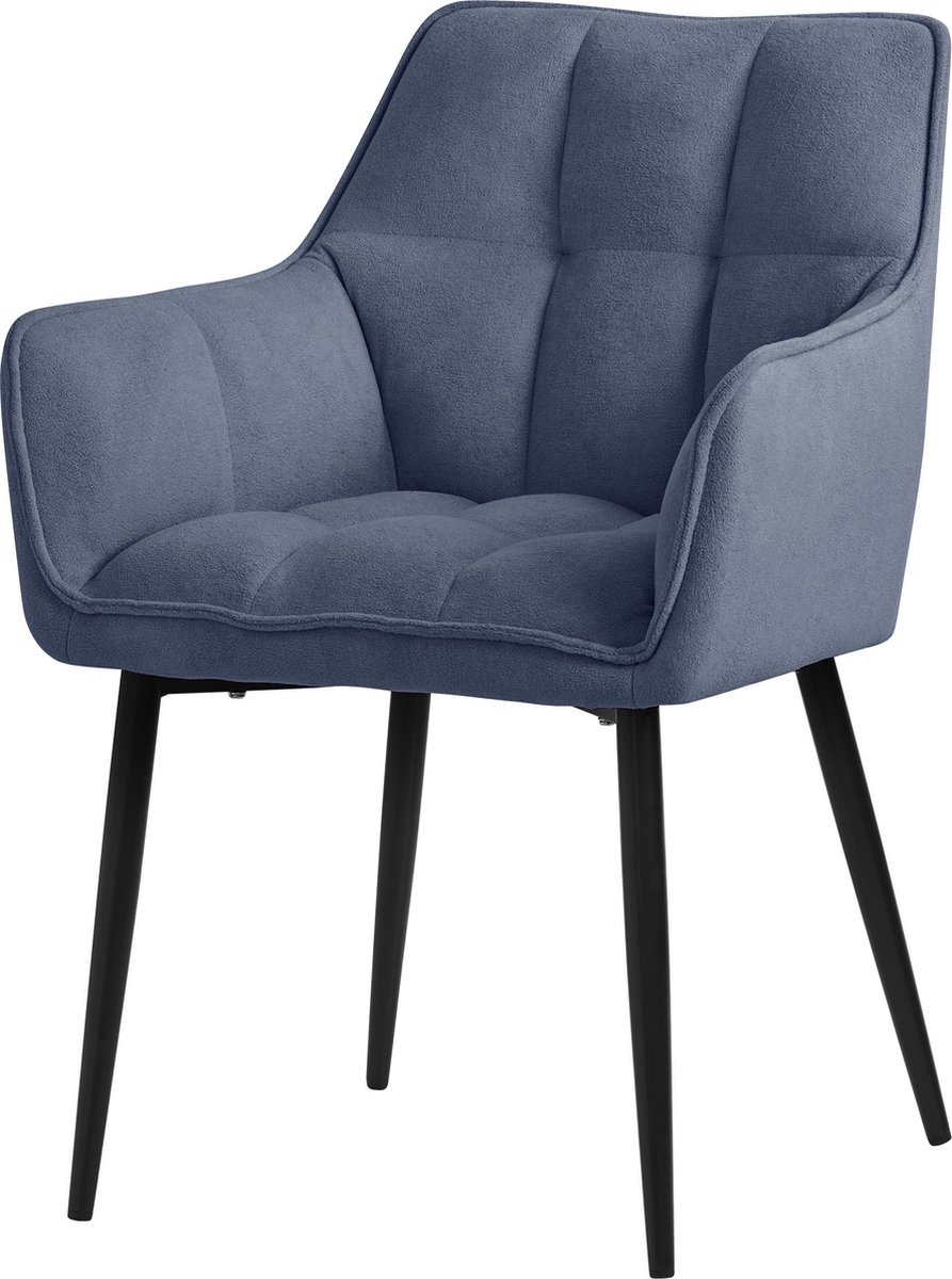 ml-design eetkamerstoelen in badstof, blauw, keukenstoel met dikke gestoffeerde zitting en metalen poten, woonkamerstoel met rugleuning en armleuningen, gestoffeerde stoel, ergonomische loungestoel