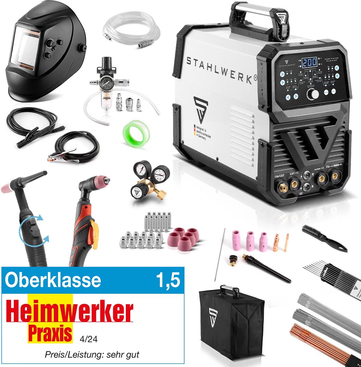 STAHLWERK Combinatie 4-in-1 AC/DC TIG 200 Puls D CUT Volledig uitgeruste, 200 A digitale IGBT-converter met AC/DC TIG | MM | Puls en geïntegreerde 50 A plasmasnijder