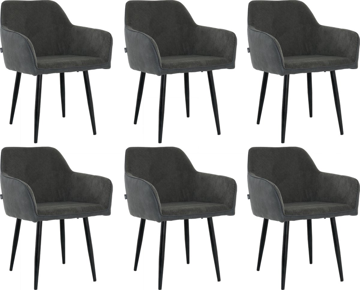 Lina Tony Eetkamerstoel - Zwart - Set van 6 - Ribstof