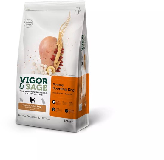 Vigor & Sage Hondenvoer Sport en Actief Ginseng 12 kg